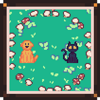 Screenshot 1: A black cat and a yellow dog side by side inside a mushroom circle.