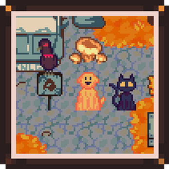 Screenshot 2: A black cat and a yellow dog side by side with a crow.